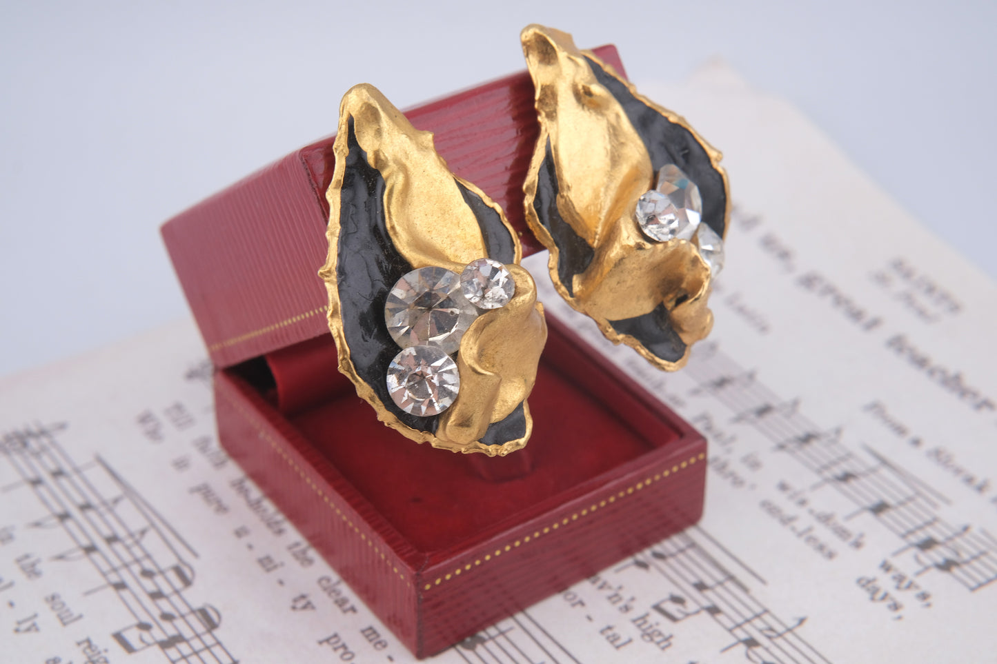 Vintage 1980 Lacombe Ceramic Clip-On Earrings – Gold & Black Enamel Abstract Design with Rhinestones