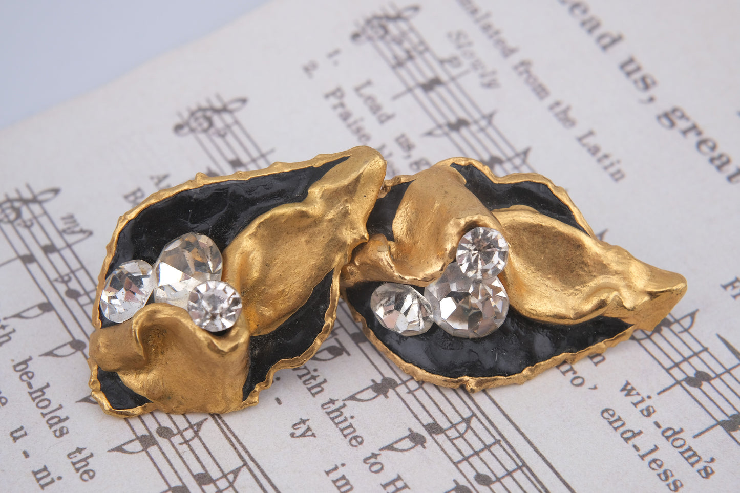 Vintage 1980 Lacombe Ceramic Clip-On Earrings – Gold & Black Enamel Abstract Design with Rhinestones