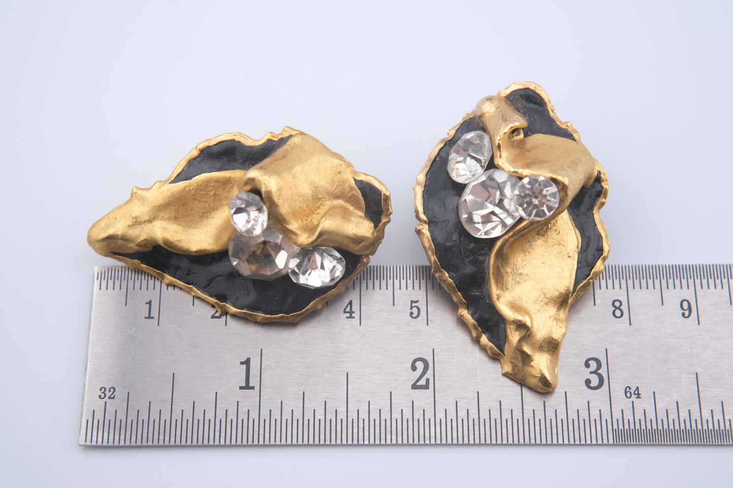 Vintage 1980 Lacombe Ceramic Clip-On Earrings – Gold & Black Enamel Abstract Design with Rhinestones
