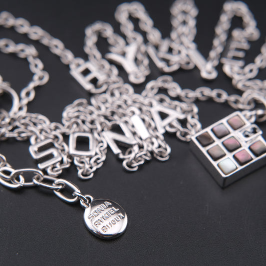 ❤️ Sonia Rykiel Long Necklace – Silver-Tone with Letter Charms & Lock Pendant