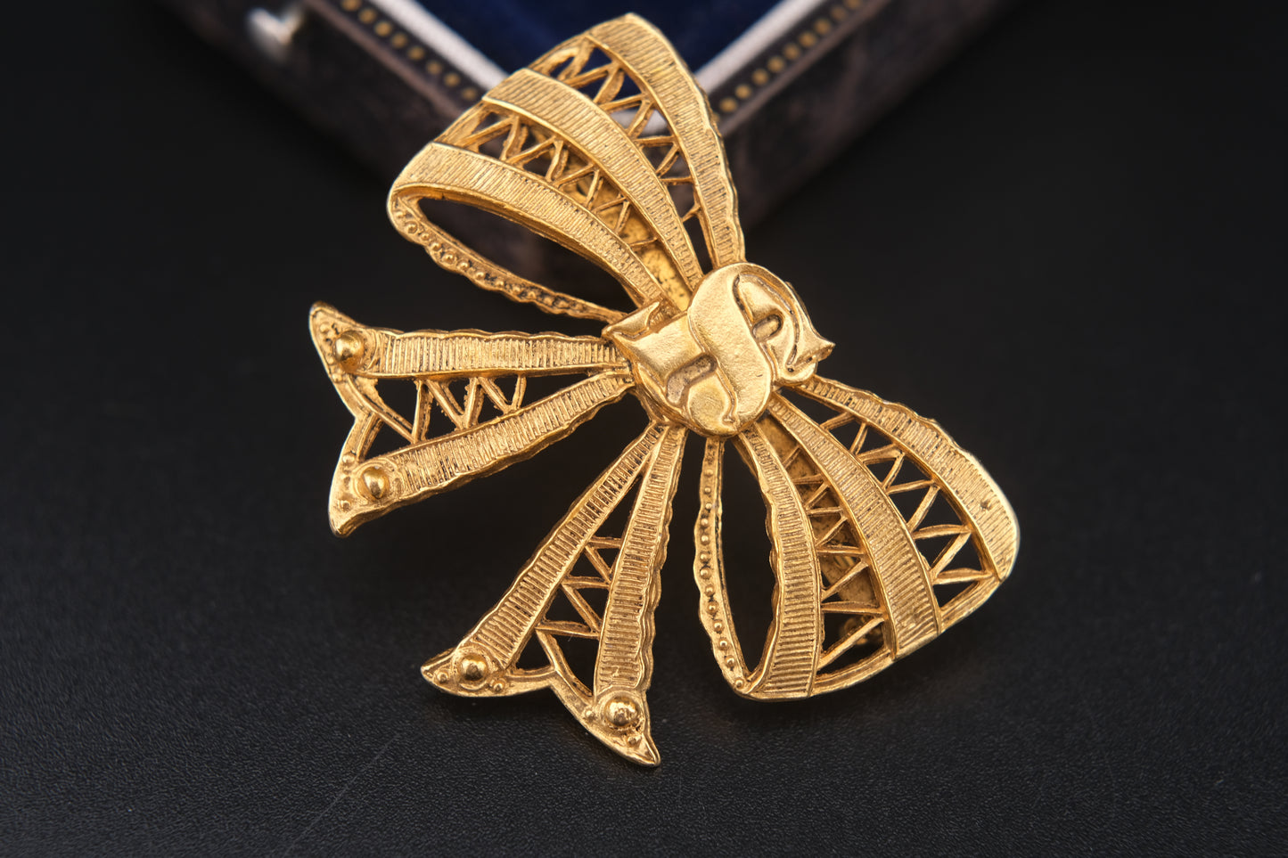 Vintage Sonia Rykiel Gold-Tone Filigree Bow Brooch with SR Monogram