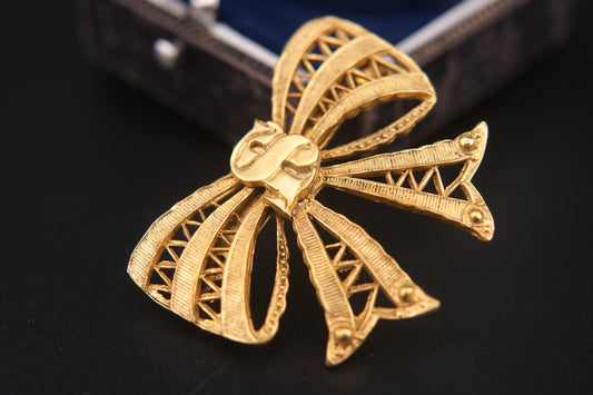 Vintage Sonia Rykiel Gold-Tone Filigree Bow Brooch with SR Monogram