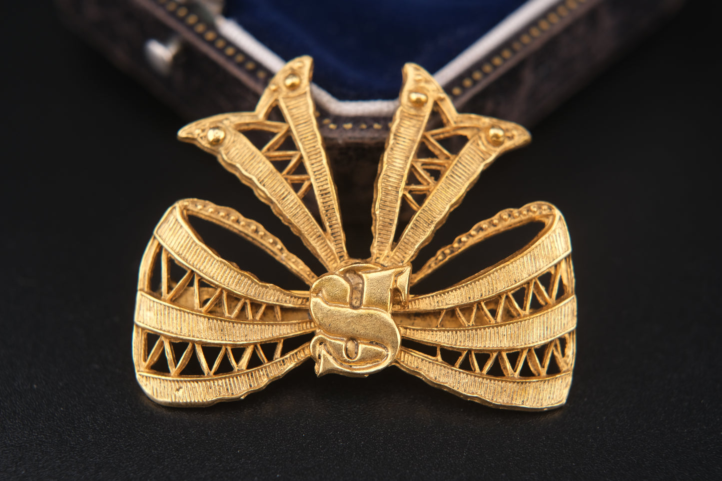 Vintage Sonia Rykiel Gold-Tone Filigree Bow Brooch with SR Monogram