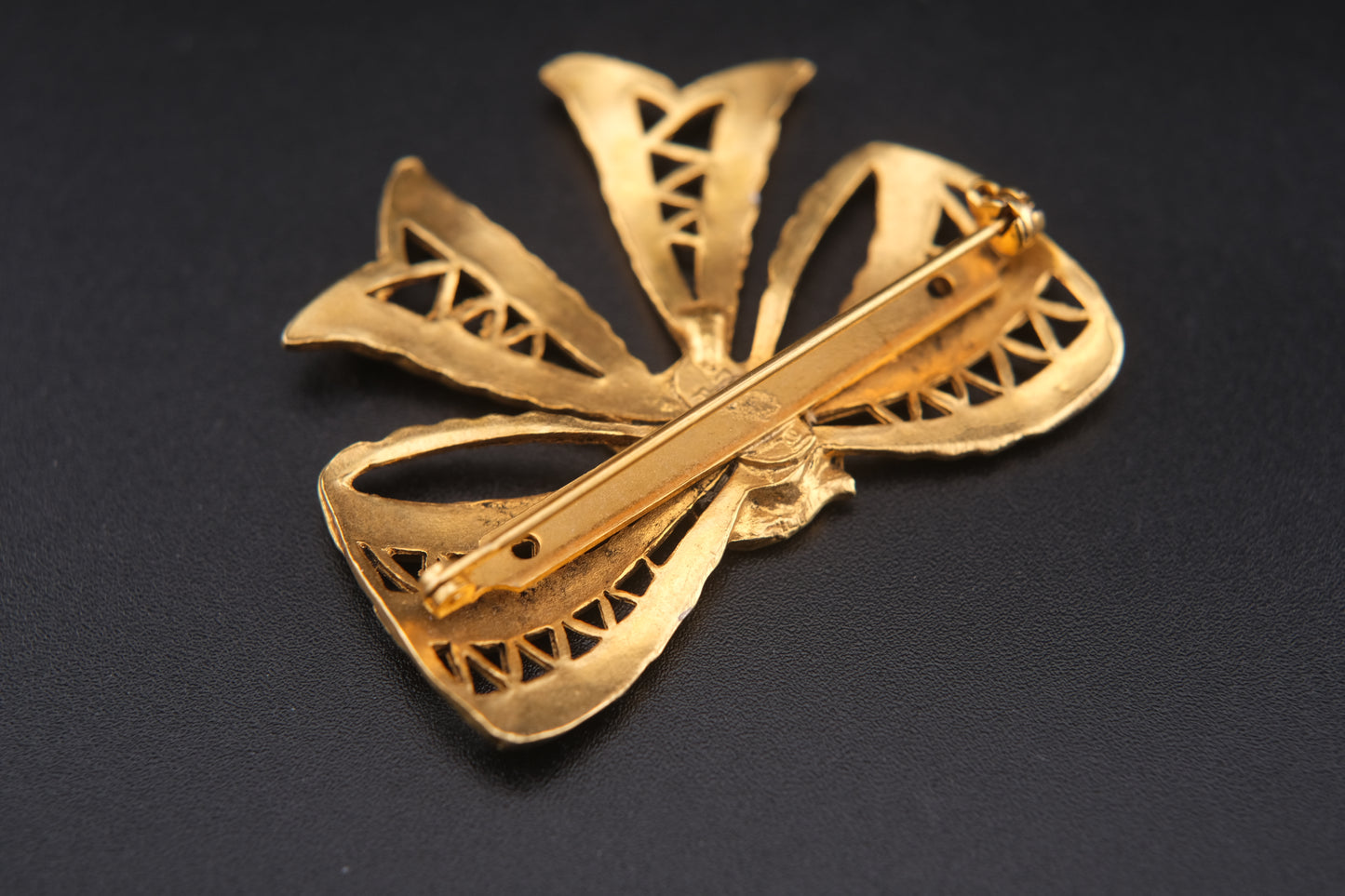 Vintage Sonia Rykiel Gold-Tone Filigree Bow Brooch with SR Monogram