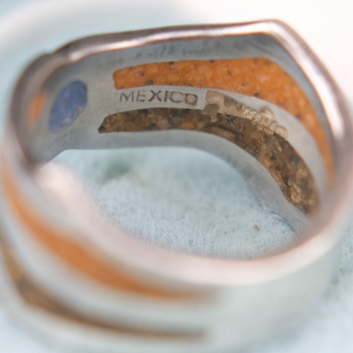 Vintage Saritasco 925 Sterling Silver Inlay Ring – Blue & Amber Tone Mosaic Design (Size 8)