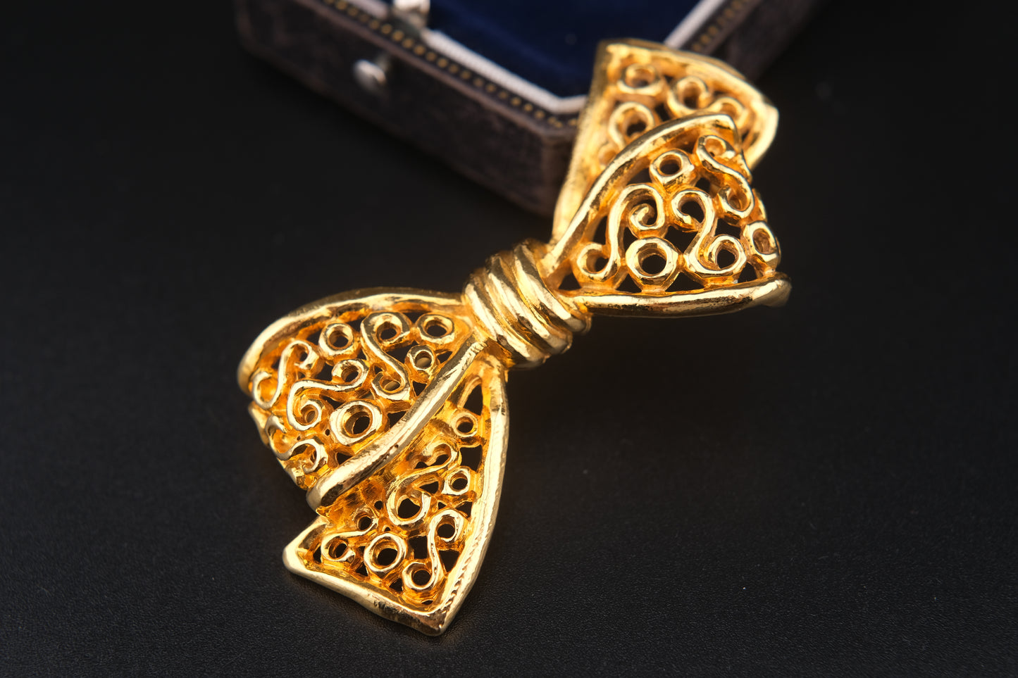 Vintage Rykiel Gold-Tone Filigree Bow Brooch – 1980s French Designer Jewelry