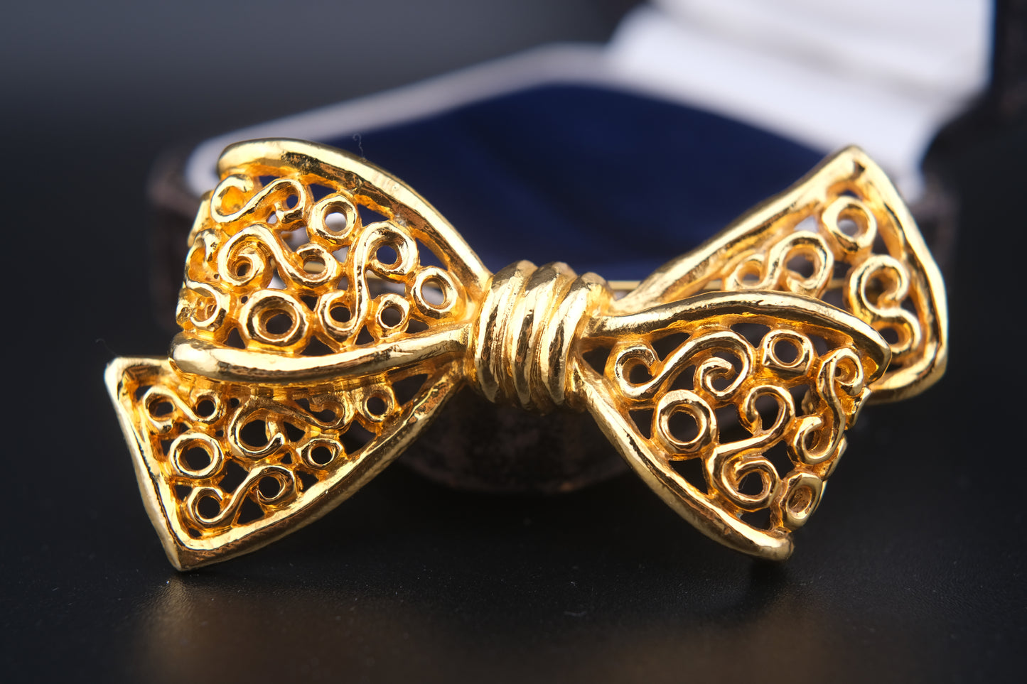 Vintage Rykiel Gold-Tone Filigree Bow Brooch – 1980s French Designer Jewelry
