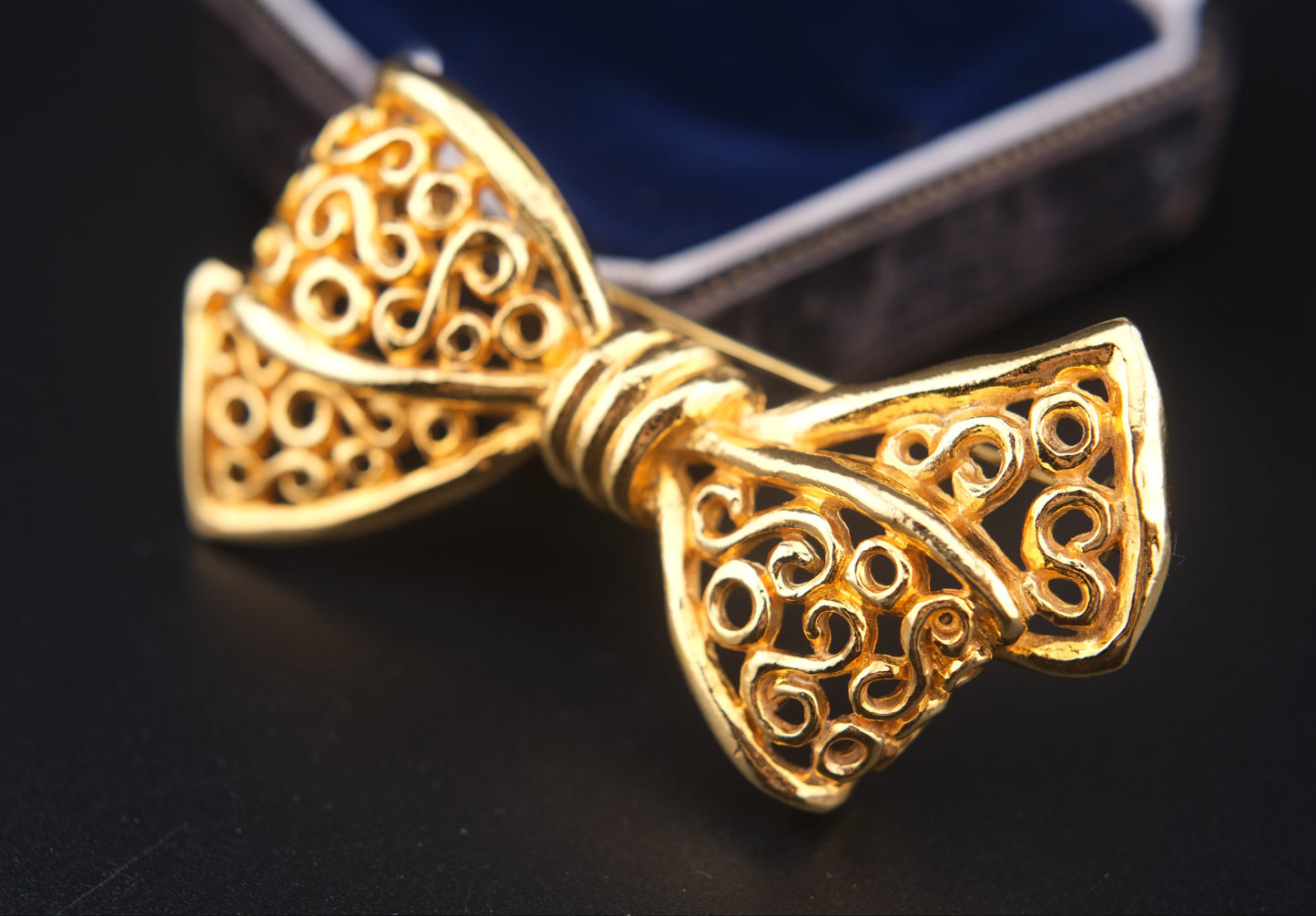 Vintage Rykiel Gold-Tone Filigree Bow Brooch – 1980s French Designer Jewelry