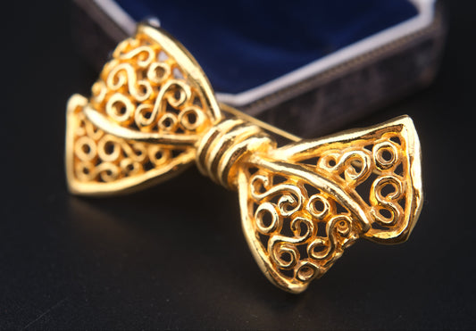 Vintage Rykiel Gold-Tone Filigree Bow Brooch – 1980s French Designer Jewelry