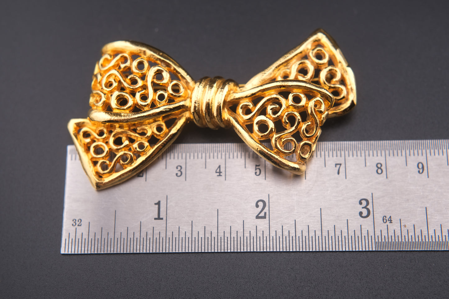 Vintage Rykiel Gold-Tone Filigree Bow Brooch – 1980s French Designer Jewelry