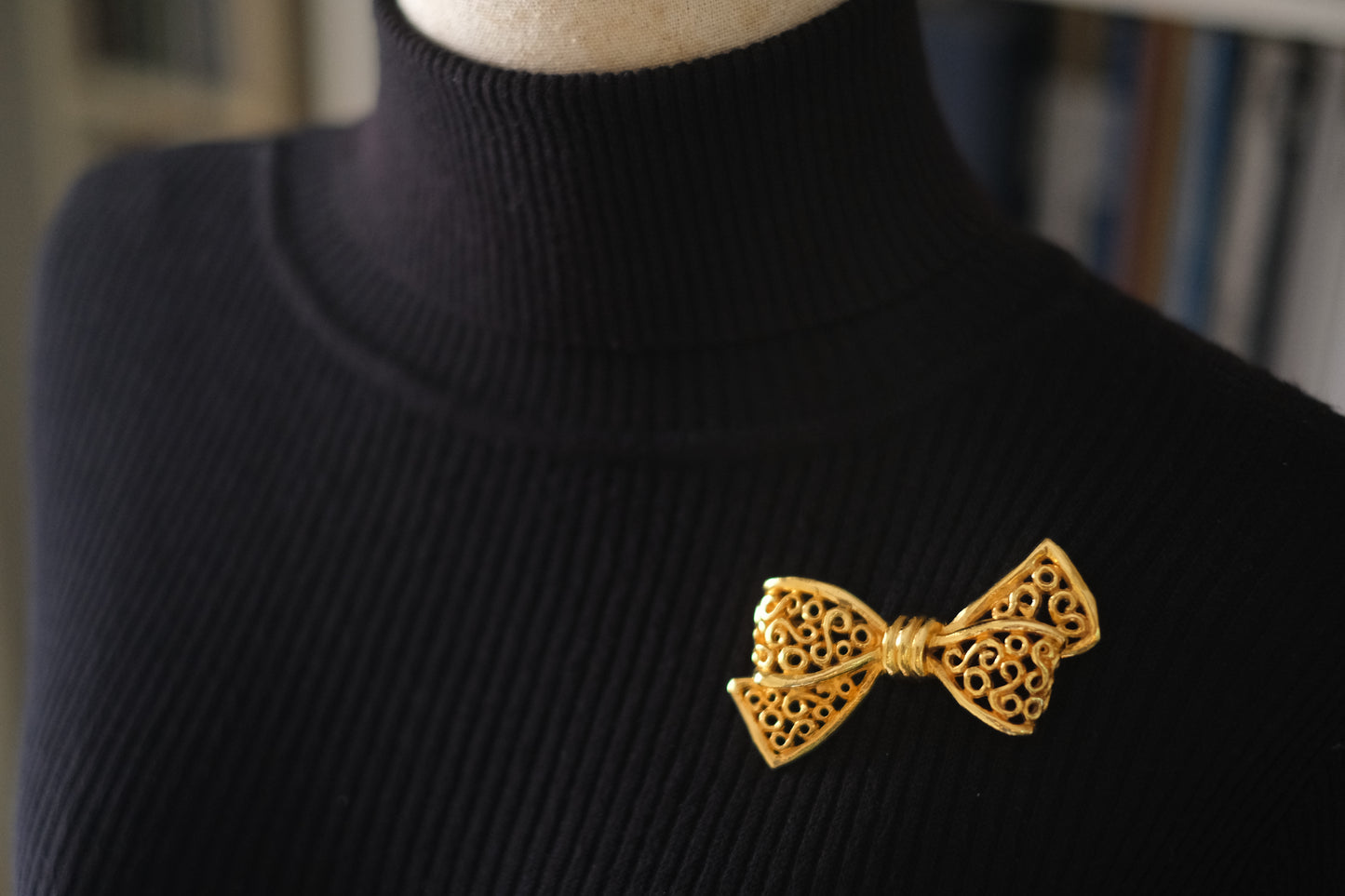 Vintage Rykiel Gold-Tone Filigree Bow Brooch – 1980s French Designer Jewelry