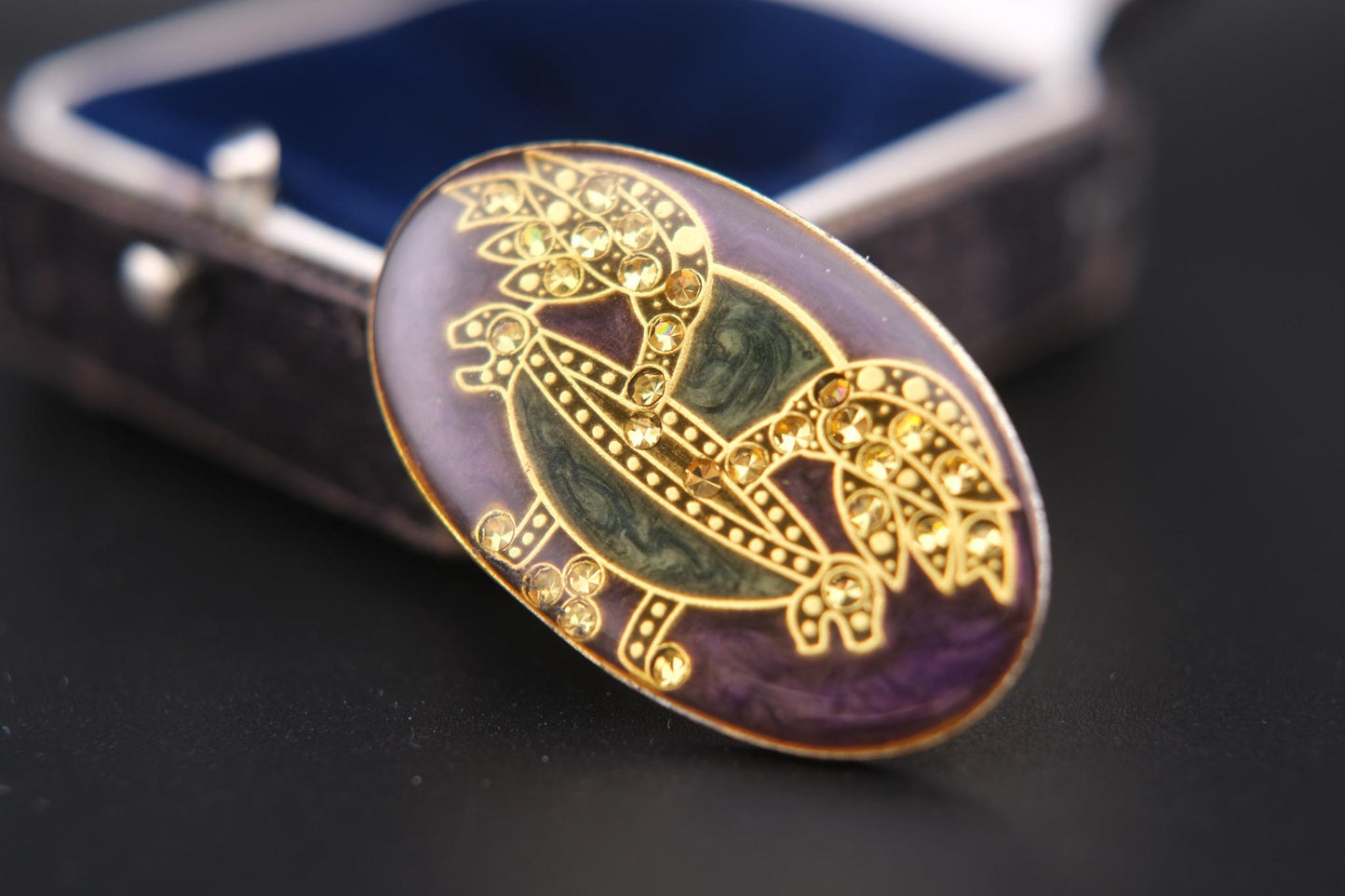 Vintage Art Deco-Style Enamel & Rhinestone Oval Brooch