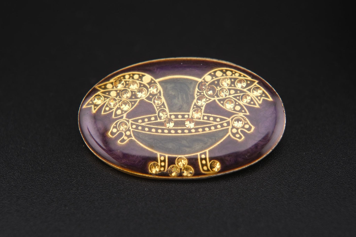 Vintage Art Deco-Style Enamel & Rhinestone Oval Brooch