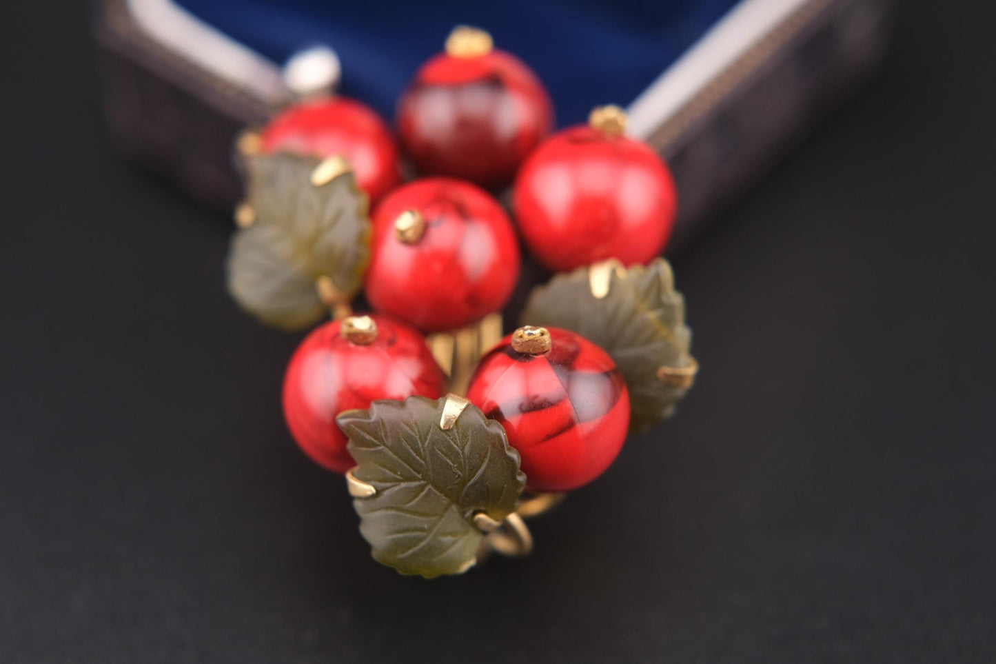 🍒 Vintage West Germany Red Glass Fruit Cluster Brooch