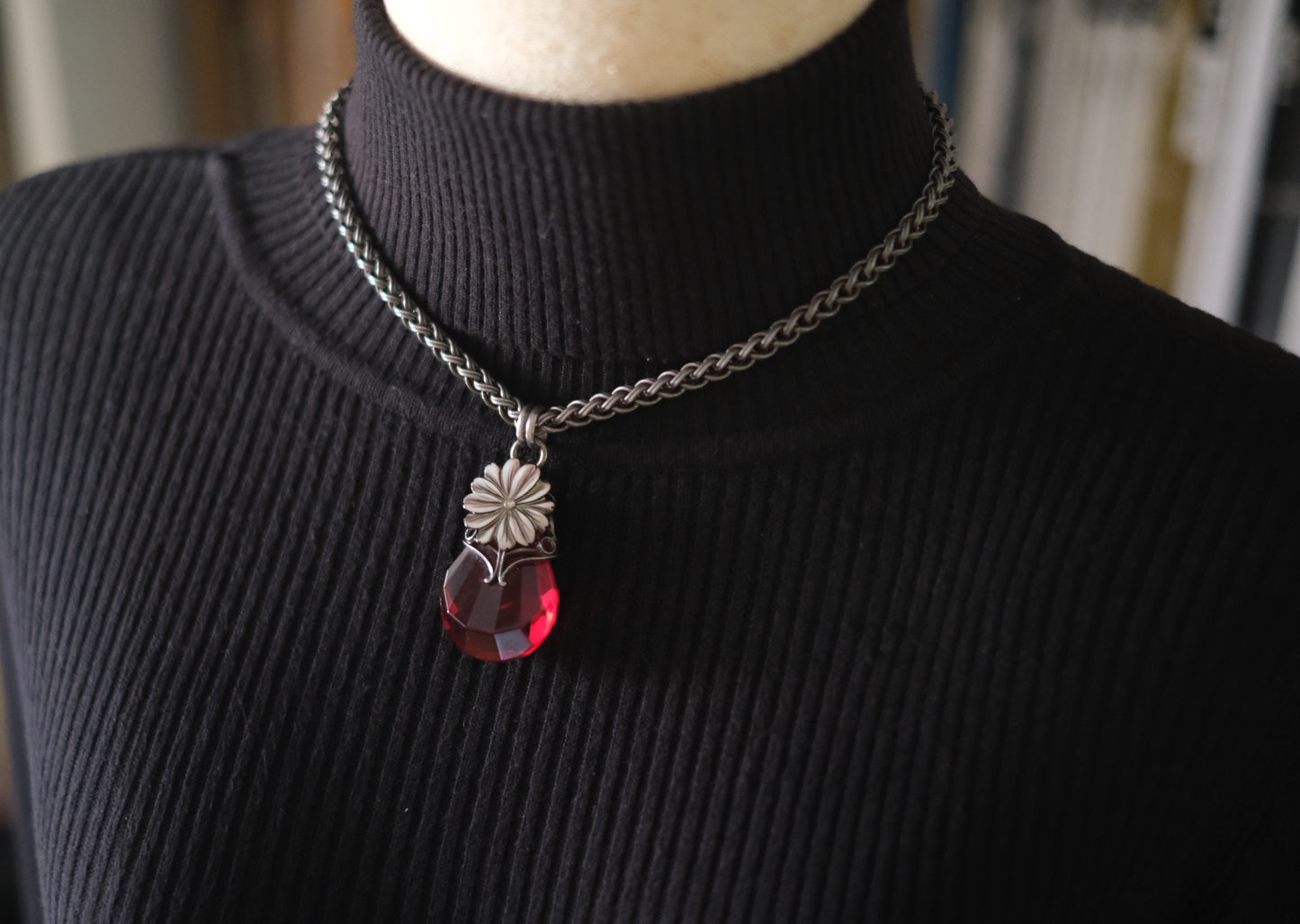 Vintage Jean-Louis Blin Paris Red Glass Pendant Necklace | Mother of Pearl Flower