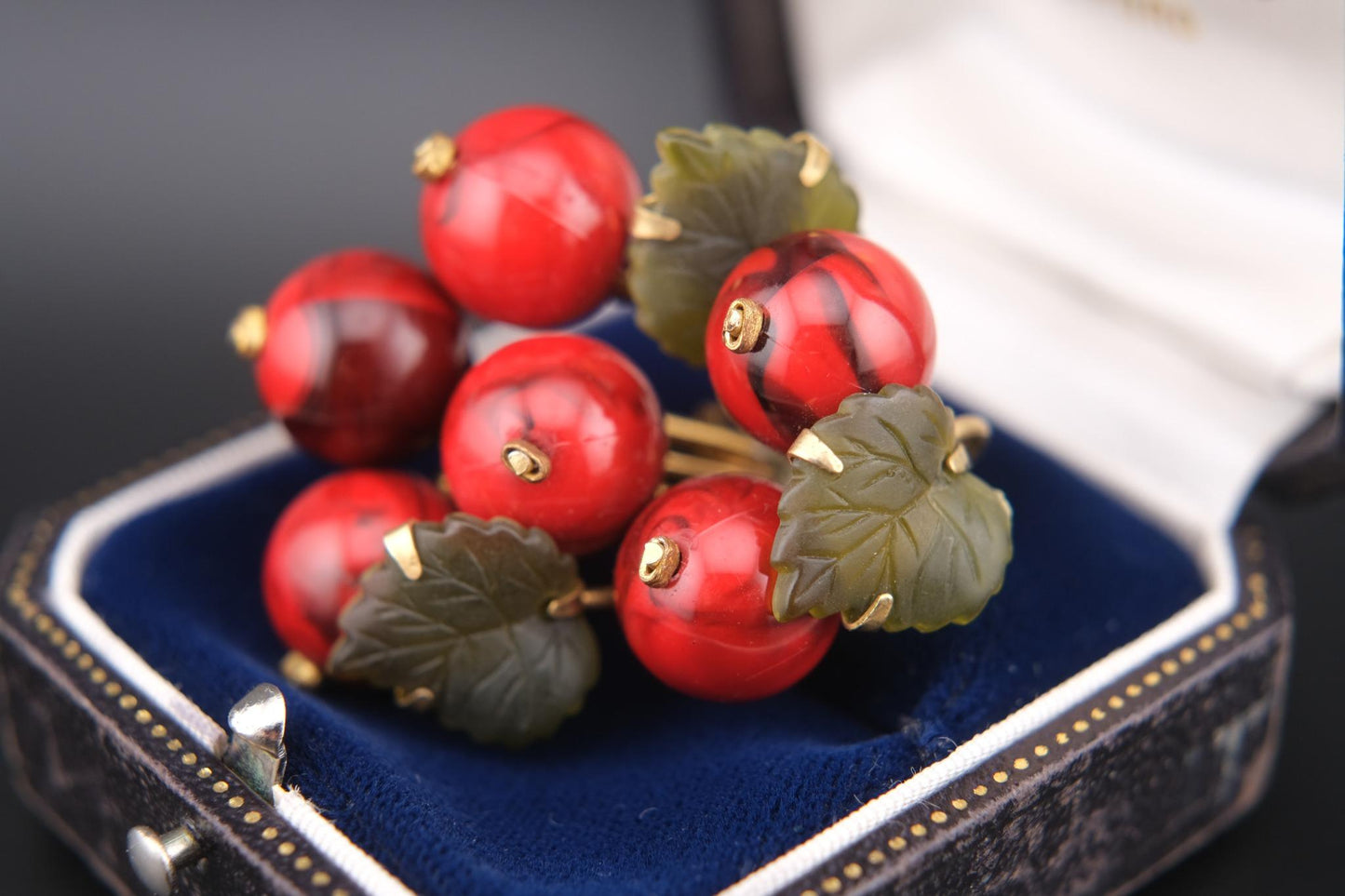 🍒 Vintage West Germany Red Glass Fruit Cluster Brooch