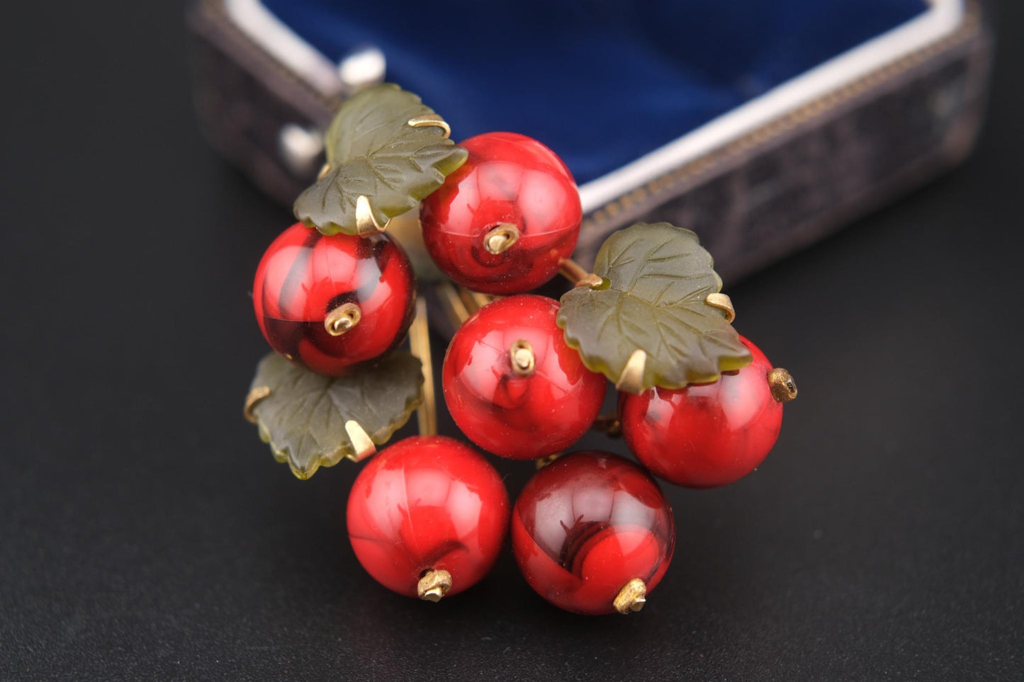 🍒 Vintage West Germany Red Glass Fruit Cluster Brooch