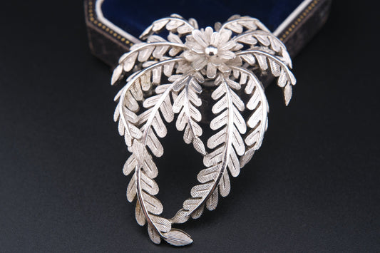 Vintage Crown Trifari Silver-Tone Leaf Spray Brooch
