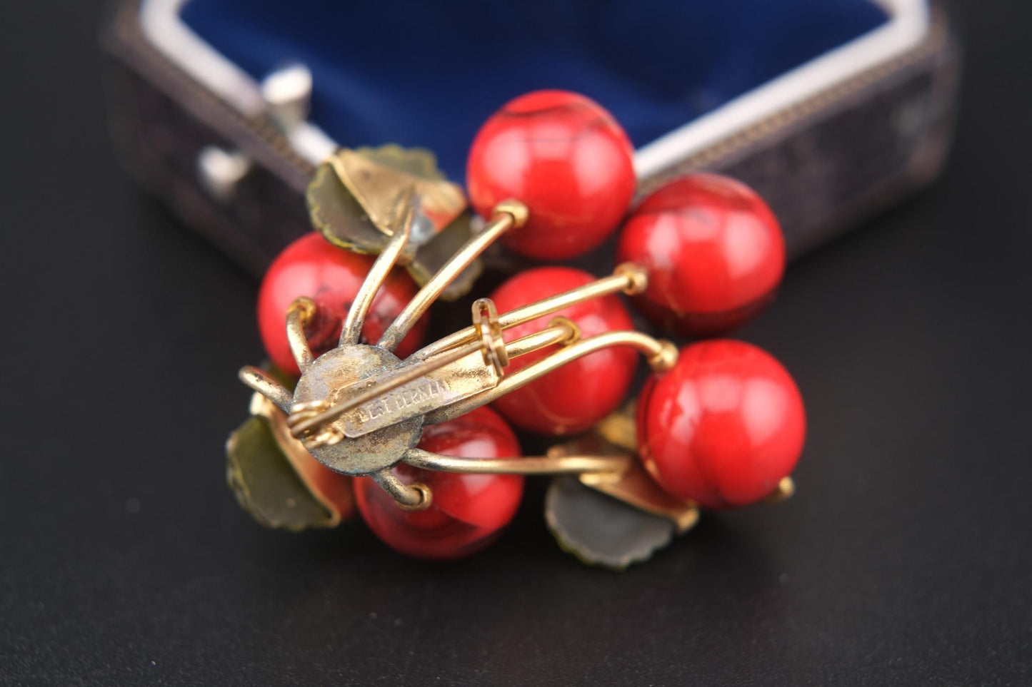 🍒 Vintage West Germany Red Glass Fruit Cluster Brooch