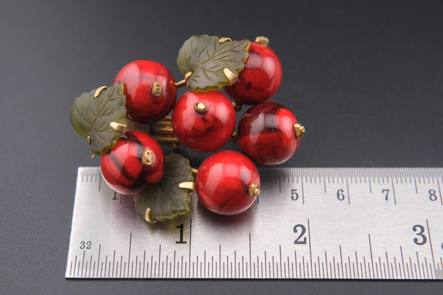 🍒 Vintage West Germany Red Glass Fruit Cluster Brooch