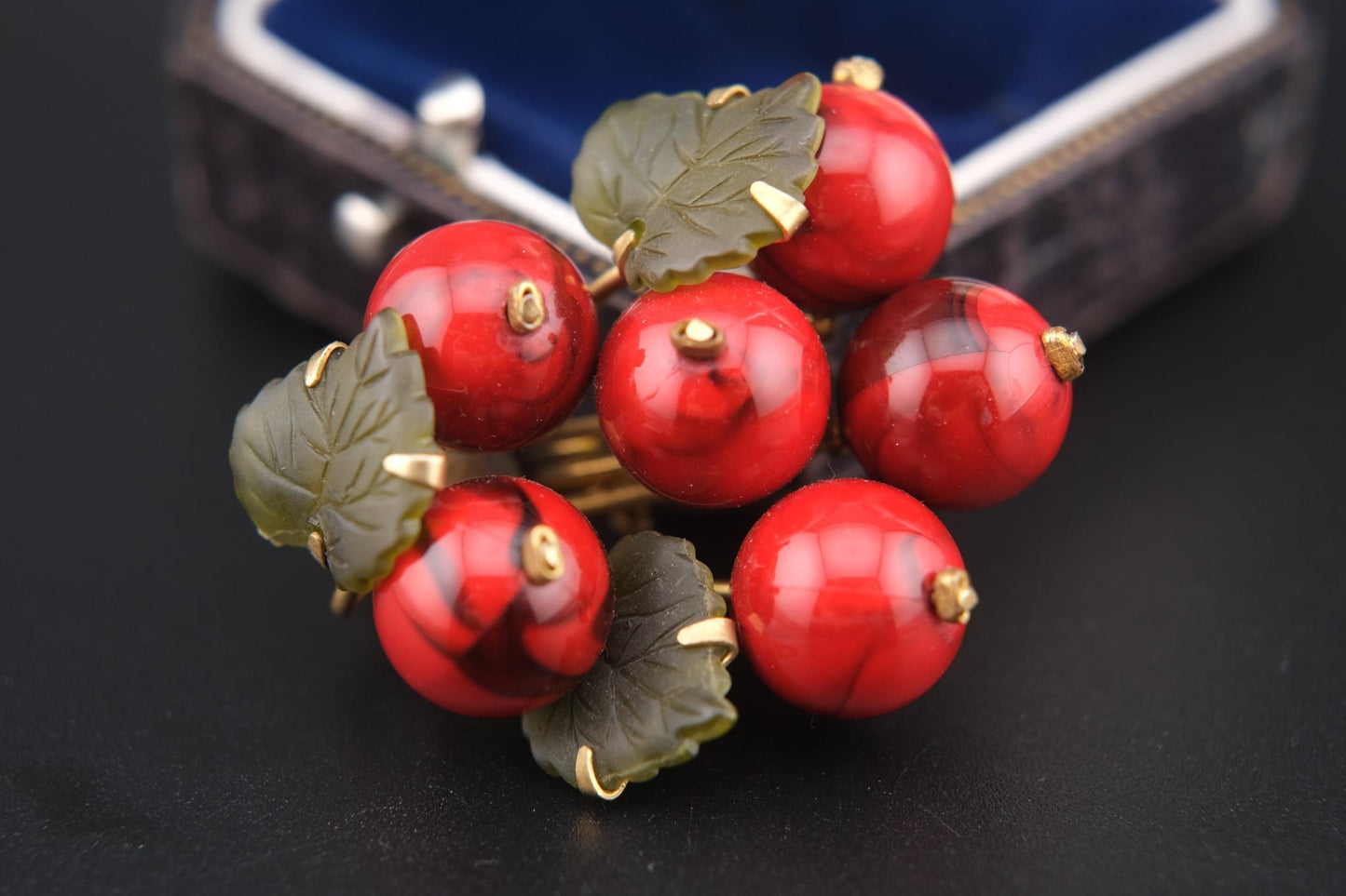 🍒 Vintage West Germany Red Glass Fruit Cluster Brooch