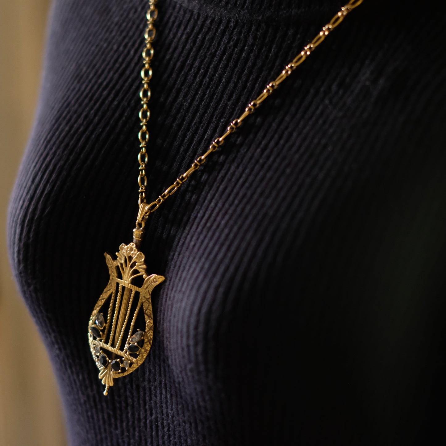 Vintage Lyre Harp Pendant Necklace – Gold-Tone with Black & Clear Crystals