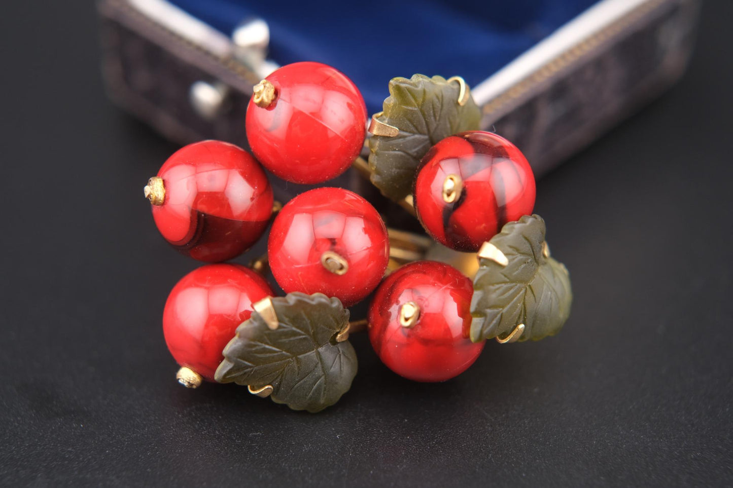 🍒 Vintage West Germany Red Glass Fruit Cluster Brooch