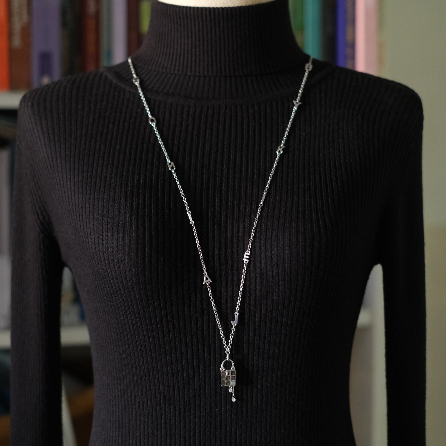❤️ Sonia Rykiel Long Necklace – Silver-Tone with Letter Charms & Lock Pendant