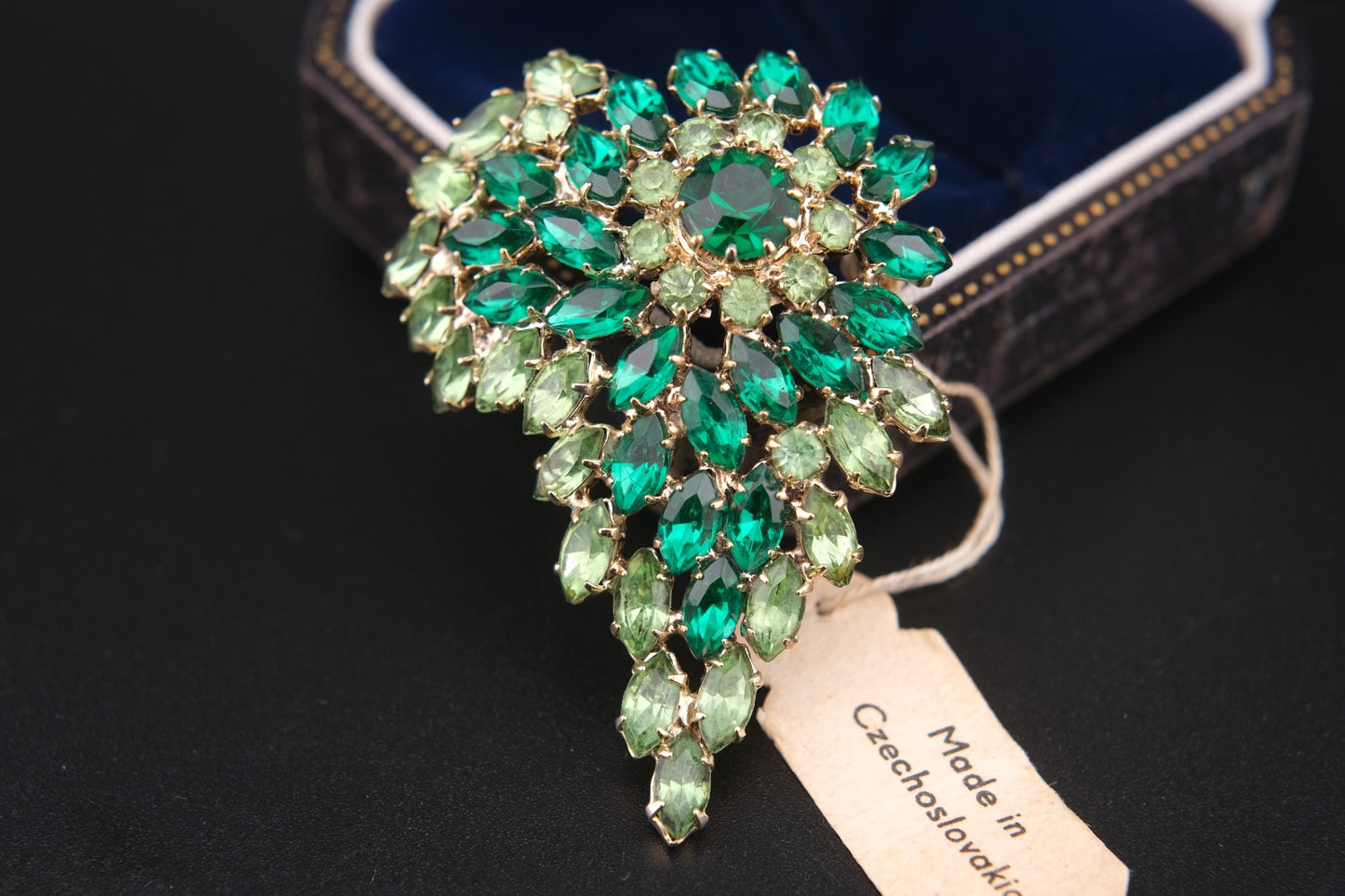 Vintage Czechoslovakian Green Rhinestone Cascade Brooch