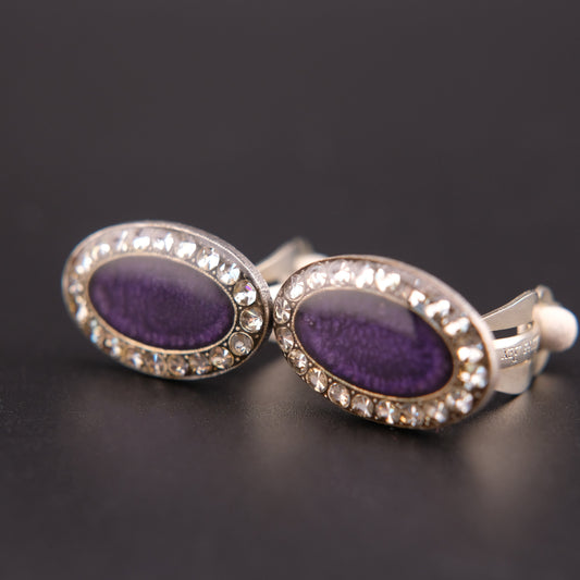 ❤️ Pierre Bex Purple Enamel & Crystal Oval Clip-On Earrings