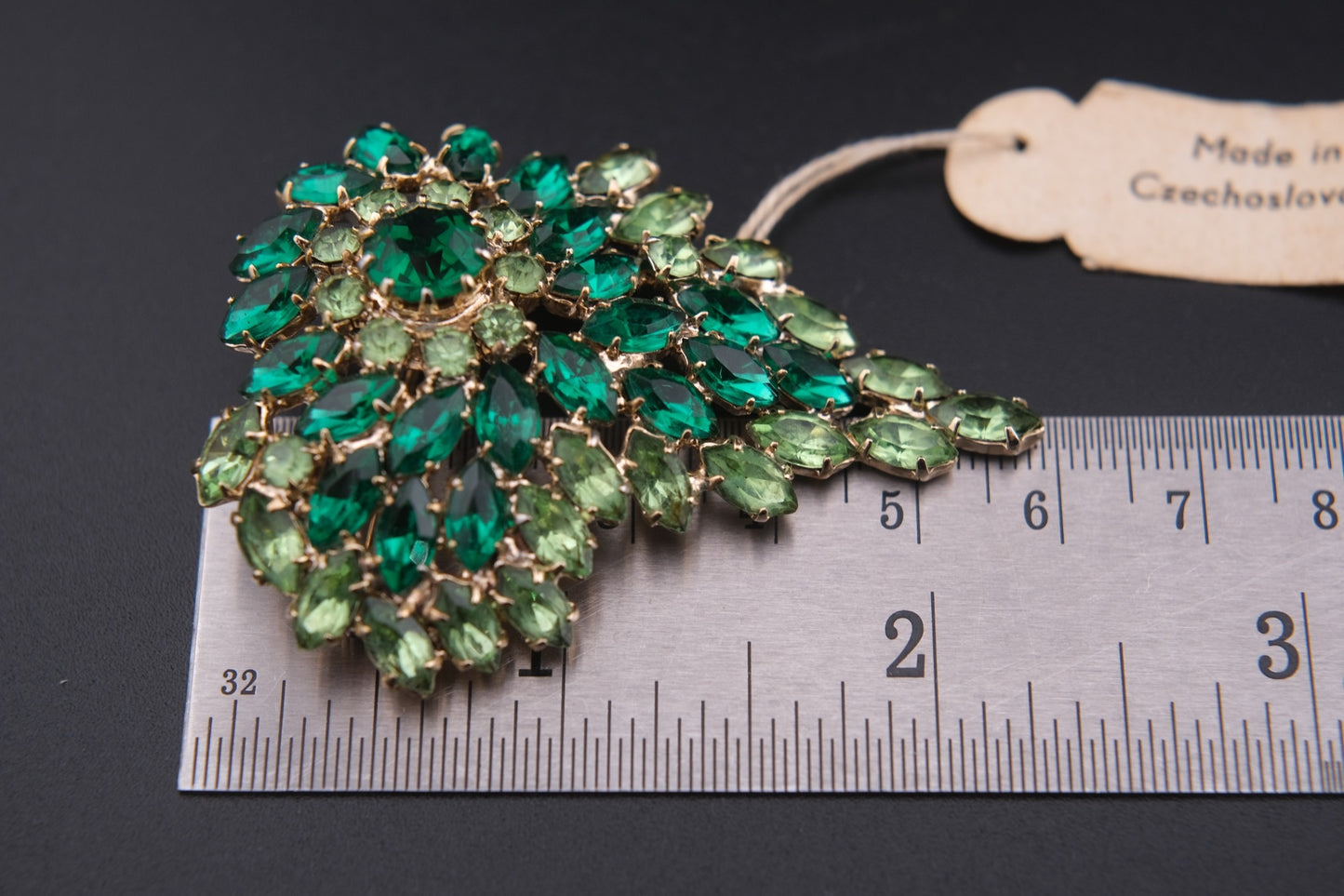Vintage Czechoslovakian Green Rhinestone Cascade Brooch