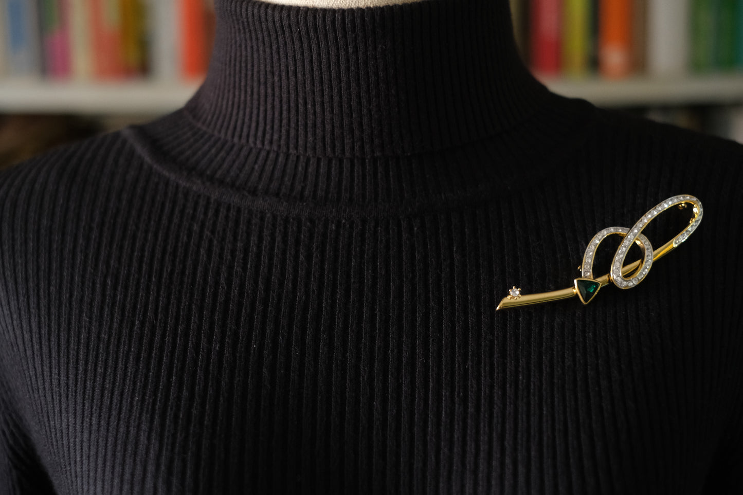 Vintage Leilian Spiral Arrow Brooch – Gold Tone with Clear & Green Crystals