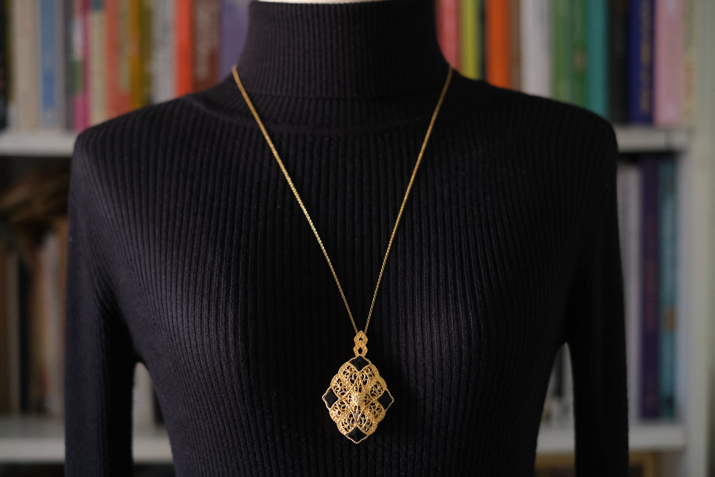 Vintage Gold Filigree Loupe Pendant Necklace with Black Accents and Hidden Magnifier