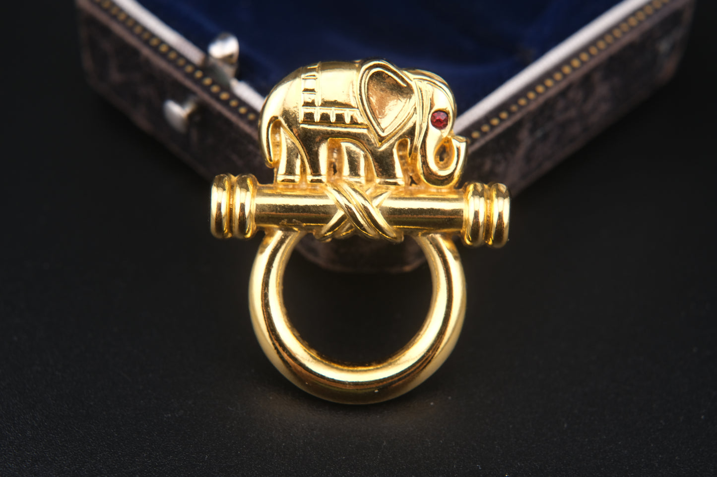 Vintage Malka Paris Elephant Pin – Gilded Gold-Tone with Red Crystal Eye, Made in France