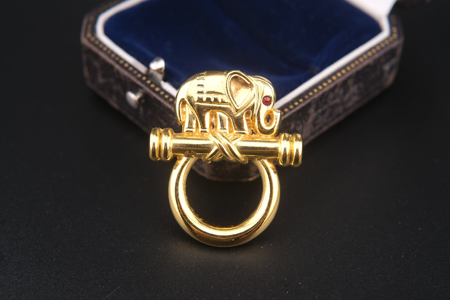 Vintage Malka Paris Elephant Pin – Gilded Gold-Tone with Red Crystal Eye, Made in France