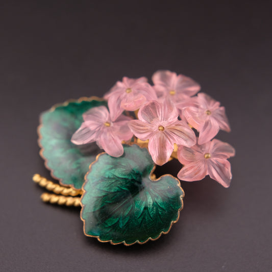 ❤️ Vintage West Germany Pink Floral Brooch with Enameled Green Leaves