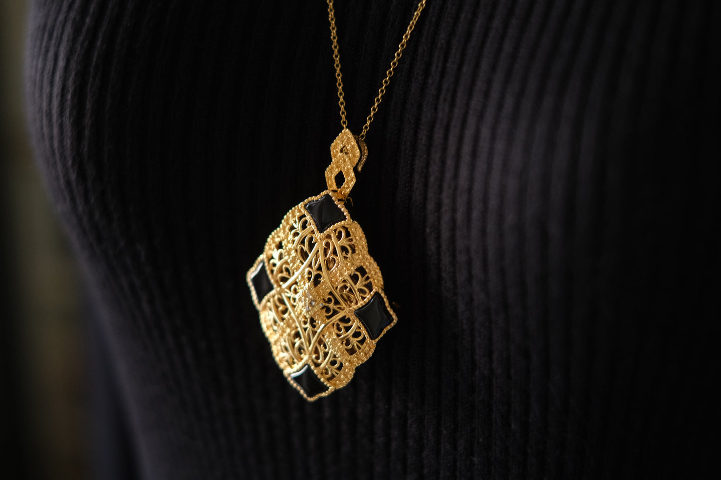 Vintage Gold Filigree Loupe Pendant Necklace with Black Accents and Hidden Magnifier