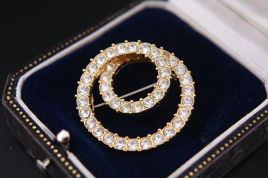 Vintage S.A.L. Gold-Tone Double Circle Rhinestone Brooch – Excellent Condition