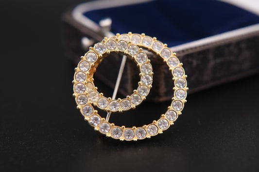 Vintage S.A.L. Gold-Tone Double Circle Rhinestone Brooch – Excellent Condition