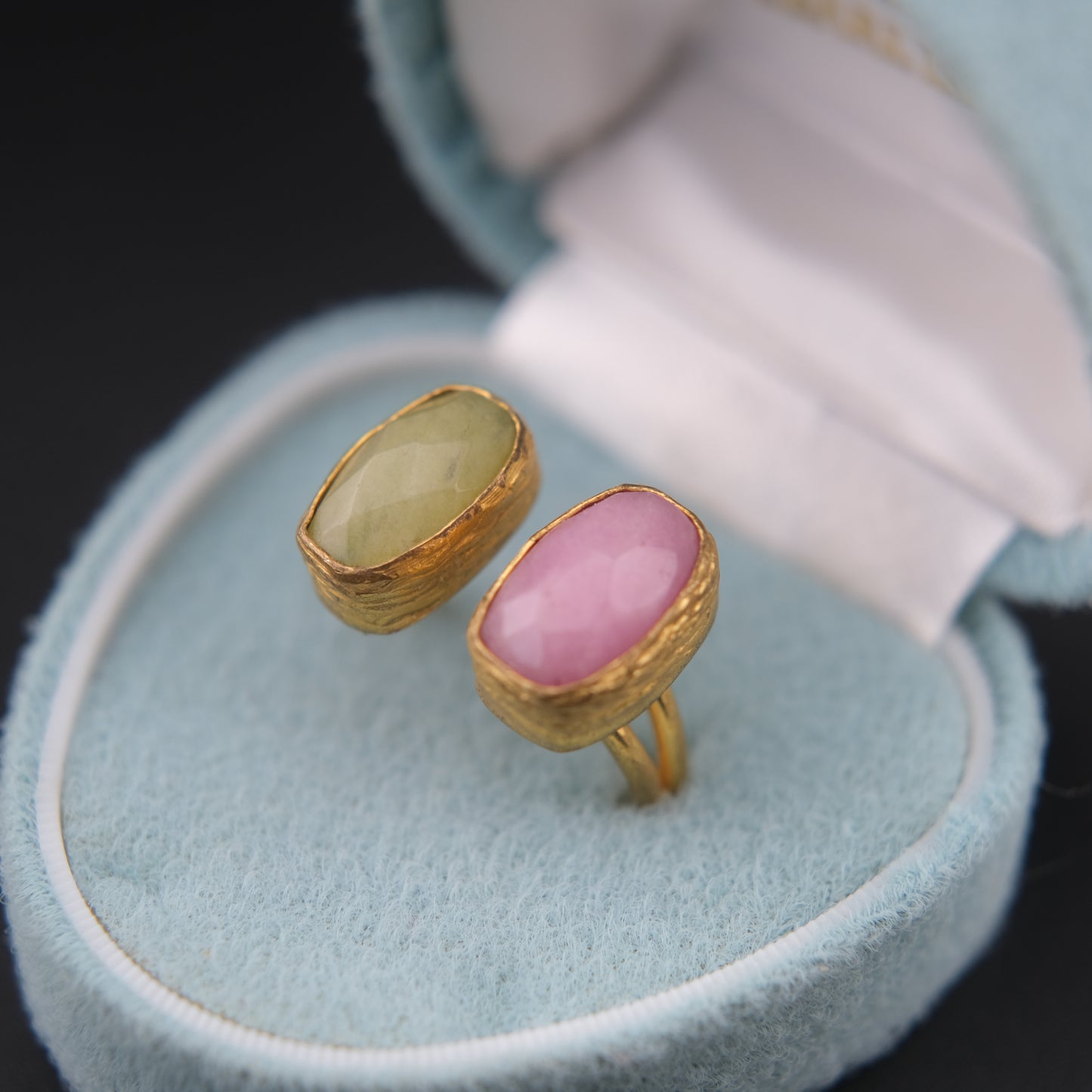 ❤️ Vintage Brass Sculptural Adjustable Ring with Dual Semi-Translucent Stones