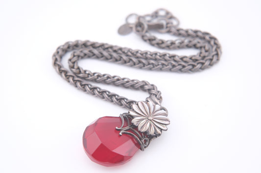 Vintage Jean-Louis Blin Paris Red Glass Pendant Necklace | Mother of Pearl Flower