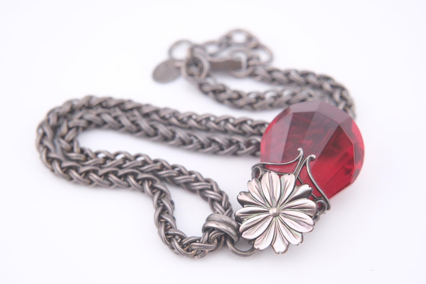 Vintage Jean-Louis Blin Paris Red Glass Pendant Necklace | Mother of Pearl Flower