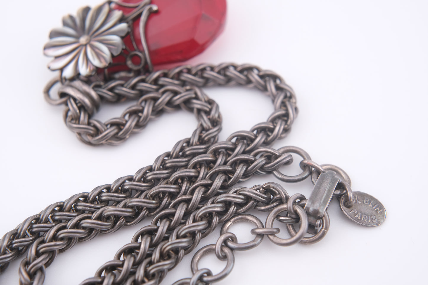 Vintage Jean-Louis Blin Paris Red Glass Pendant Necklace | Mother of Pearl Flower