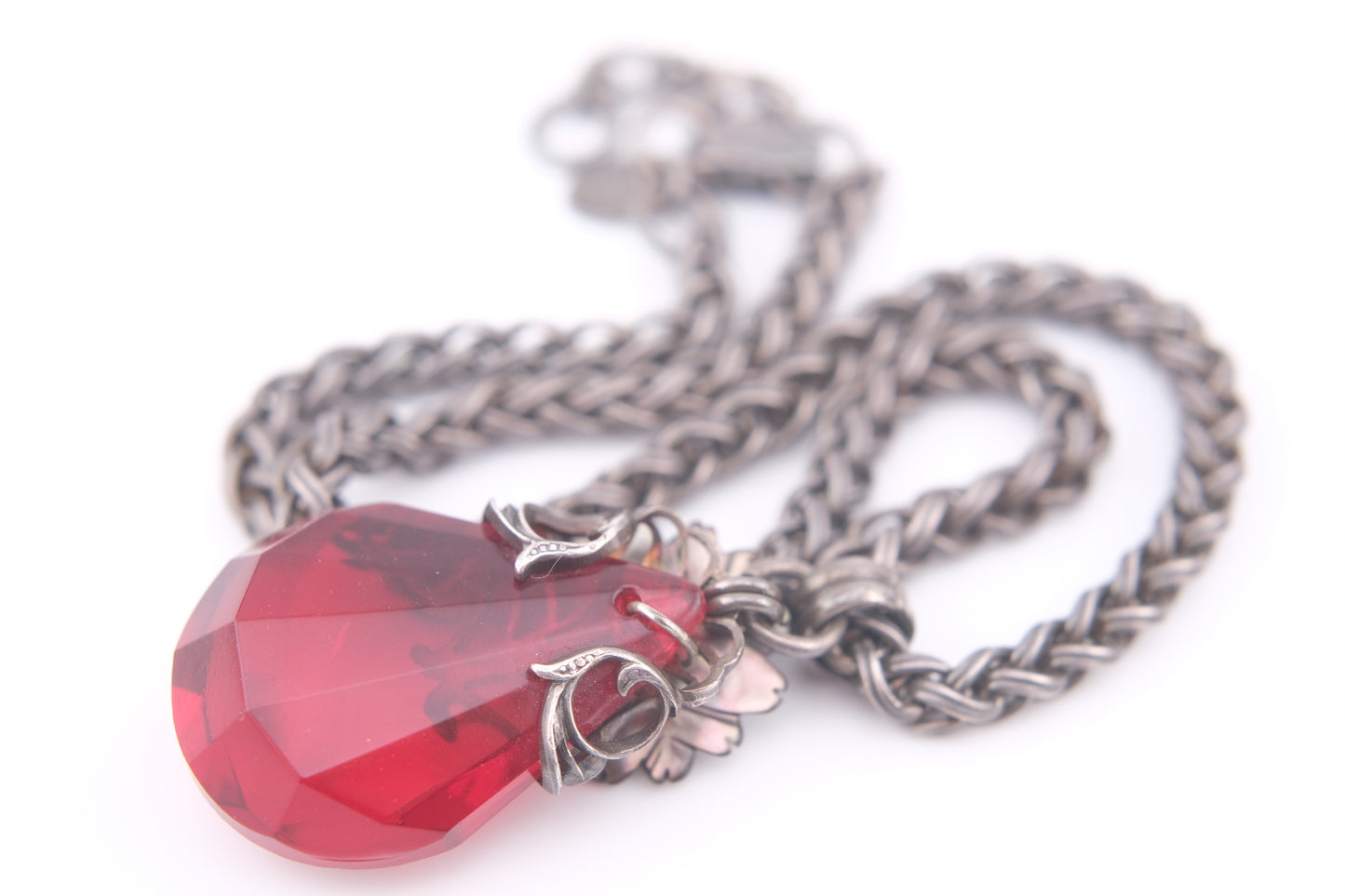 Vintage Jean-Louis Blin Paris Red Glass Pendant Necklace | Mother of Pearl Flower