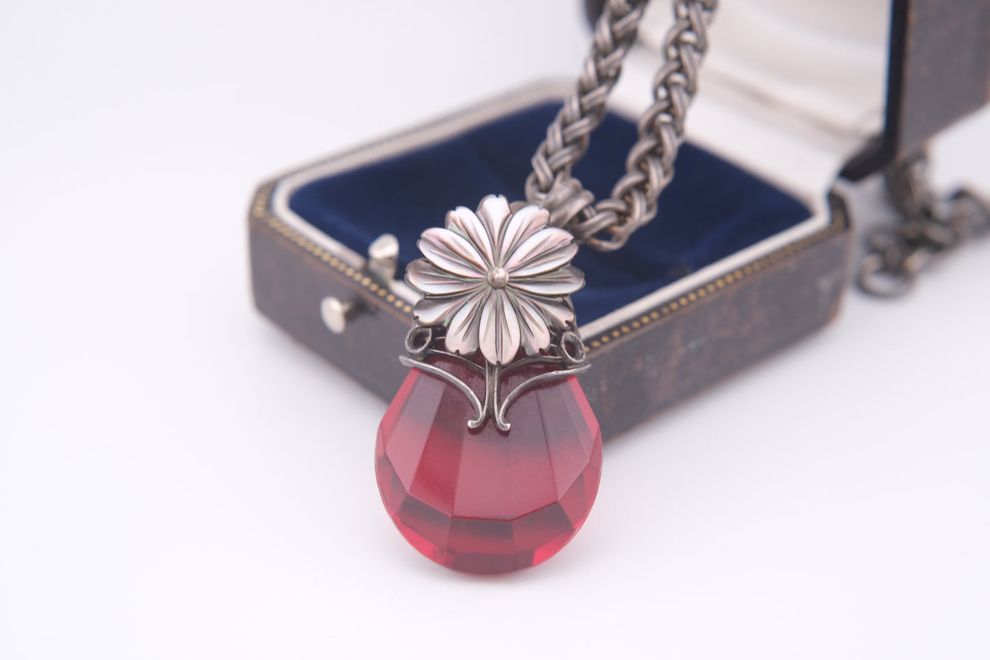 Vintage Jean-Louis Blin Paris Red Glass Pendant Necklace | Mother of Pearl Flower