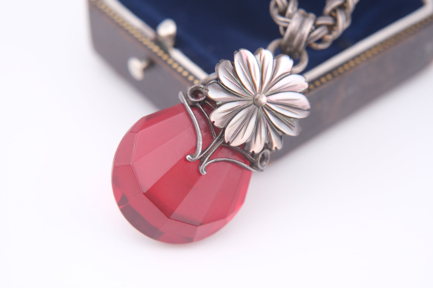 Vintage Jean-Louis Blin Paris Red Glass Pendant Necklace | Mother of Pearl Flower