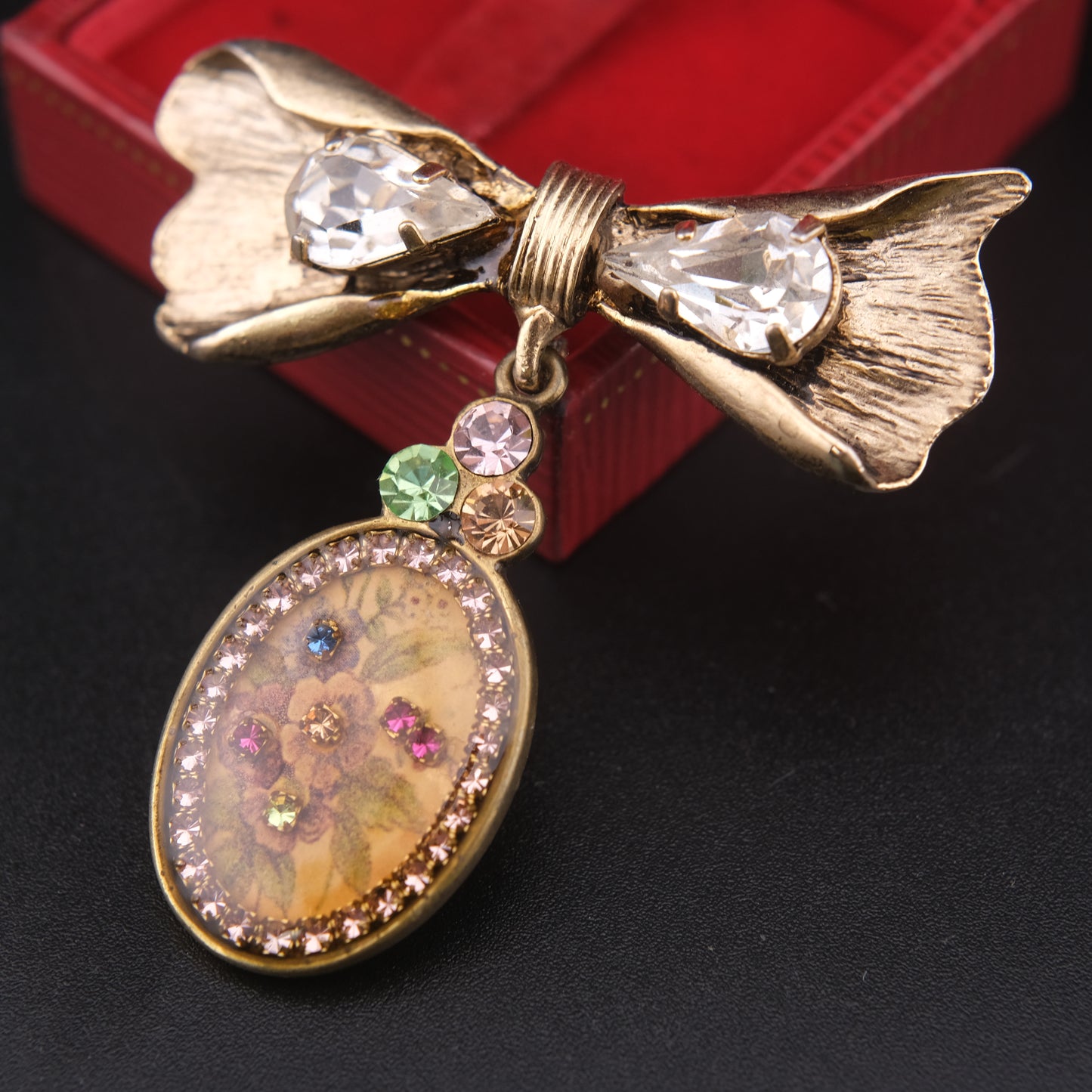 Vintage Michal Negrin Bow & Floral Drop Brooch – Crystal Accents, Romantic Design