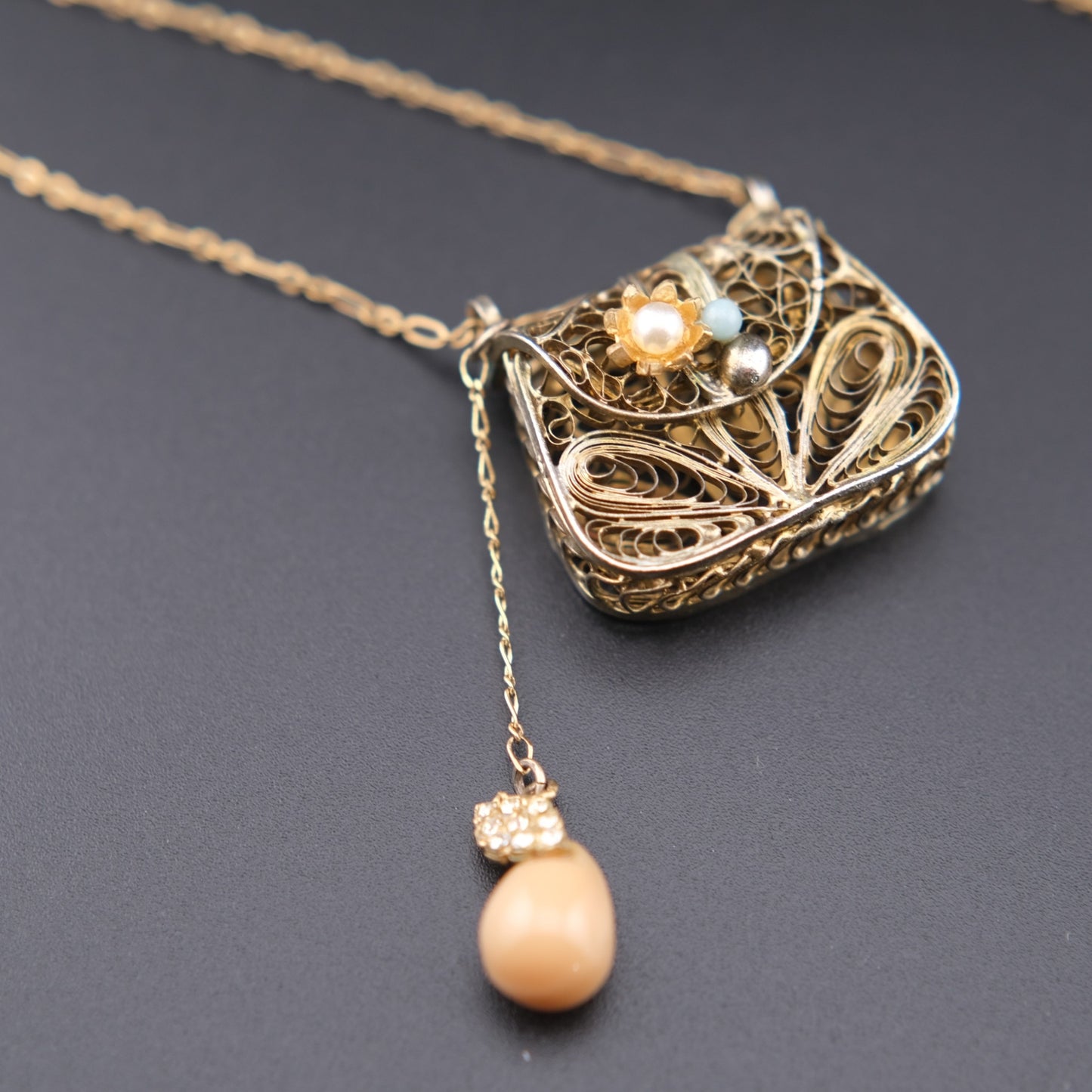Vintage Junco Paris Filigree Purse Pendant Necklace