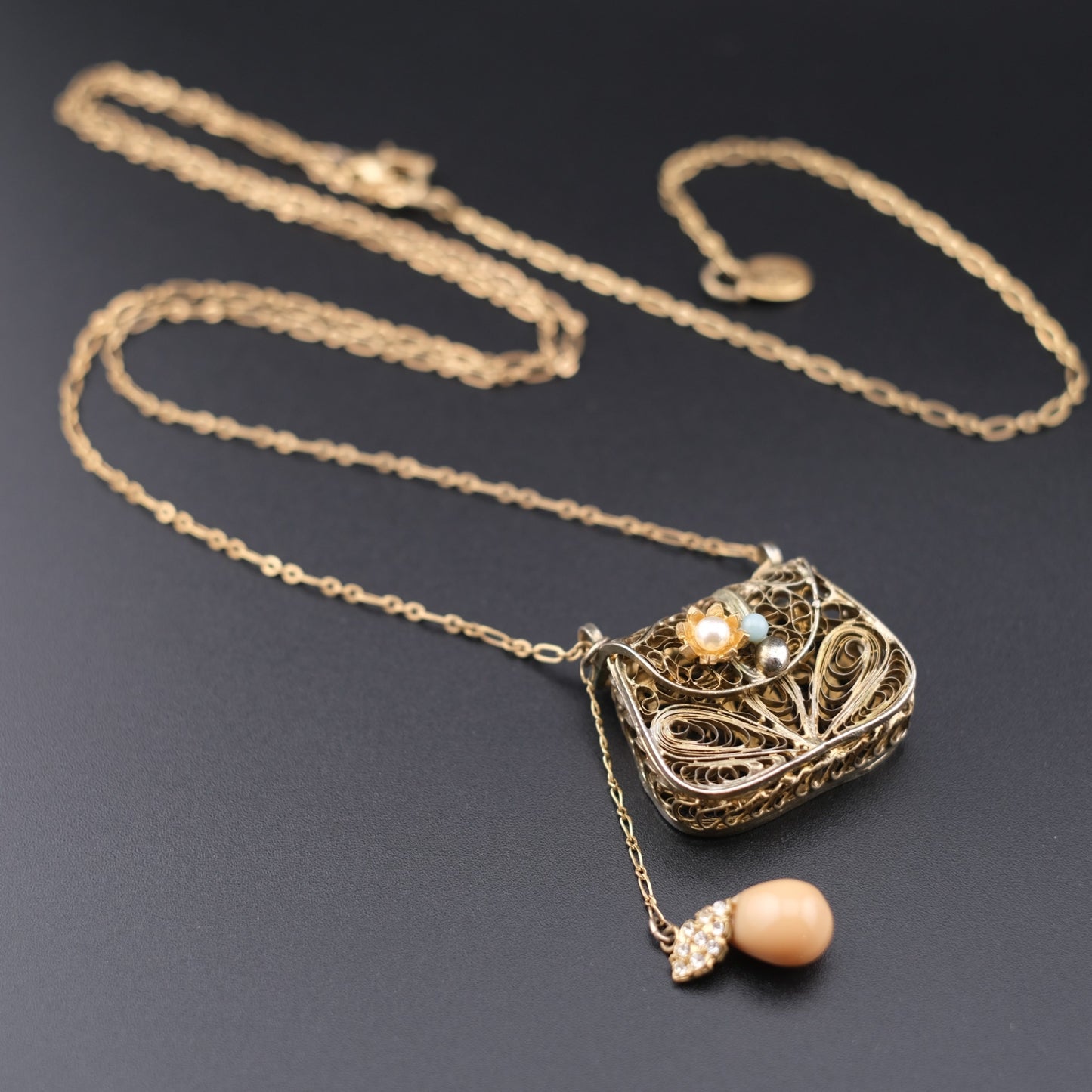 Vintage Junco Paris Filigree Purse Pendant Necklace