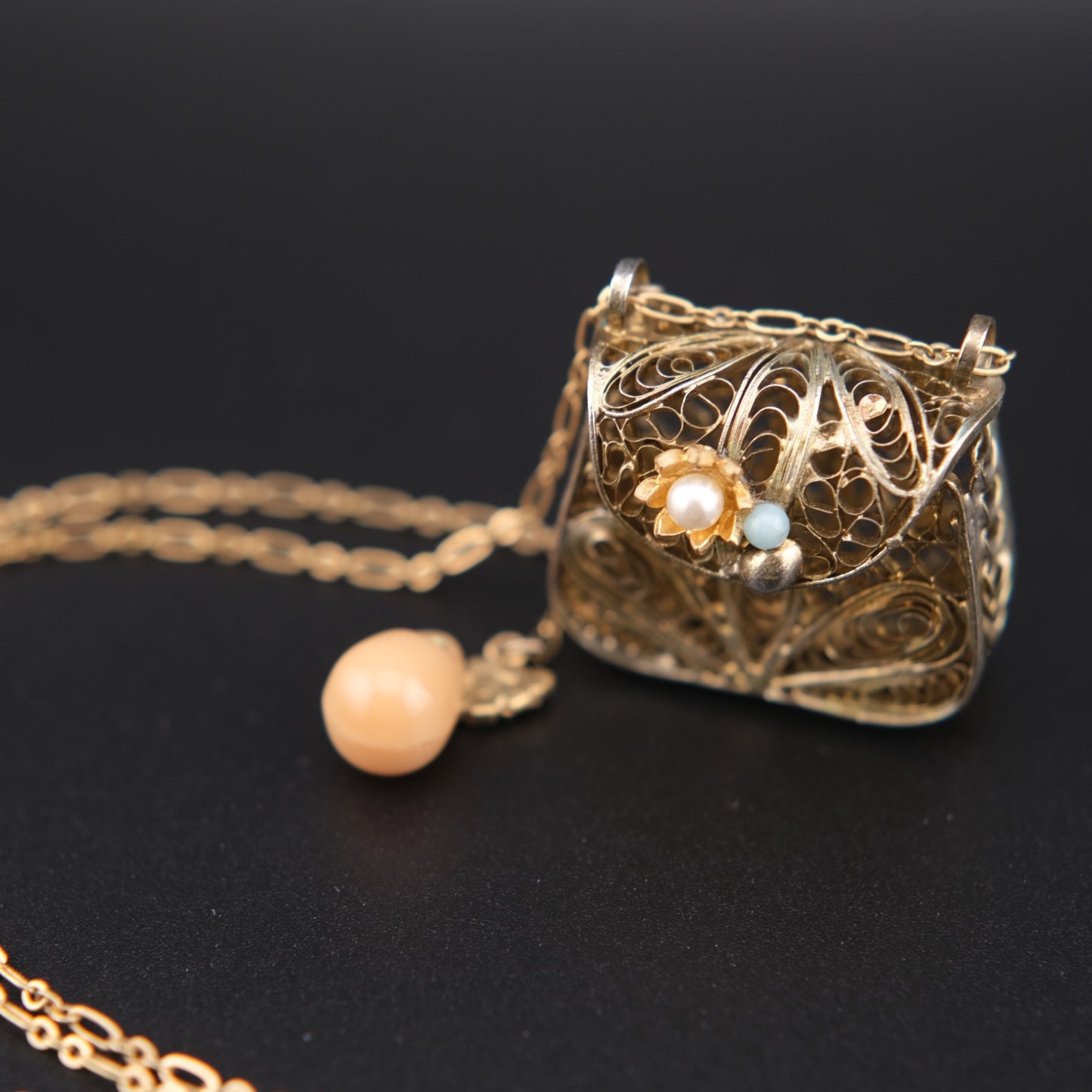Vintage Junco Paris Filigree Purse Pendant Necklace